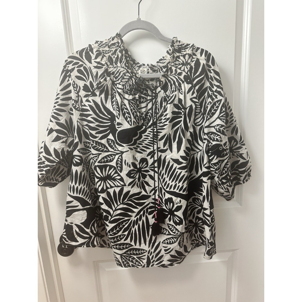 Ivy‎ Jane Women's Blouse Top Black White Tassels 100% Cotton Boho Vacation S / M